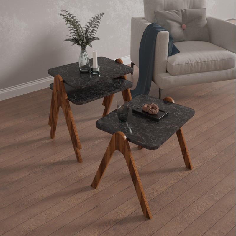 SIDE TABLES 3PCS SET REACHER FK18176.02 MELAMINE IN WALNUT-BLACK MARBLE TOP 40x30x40Hcm.