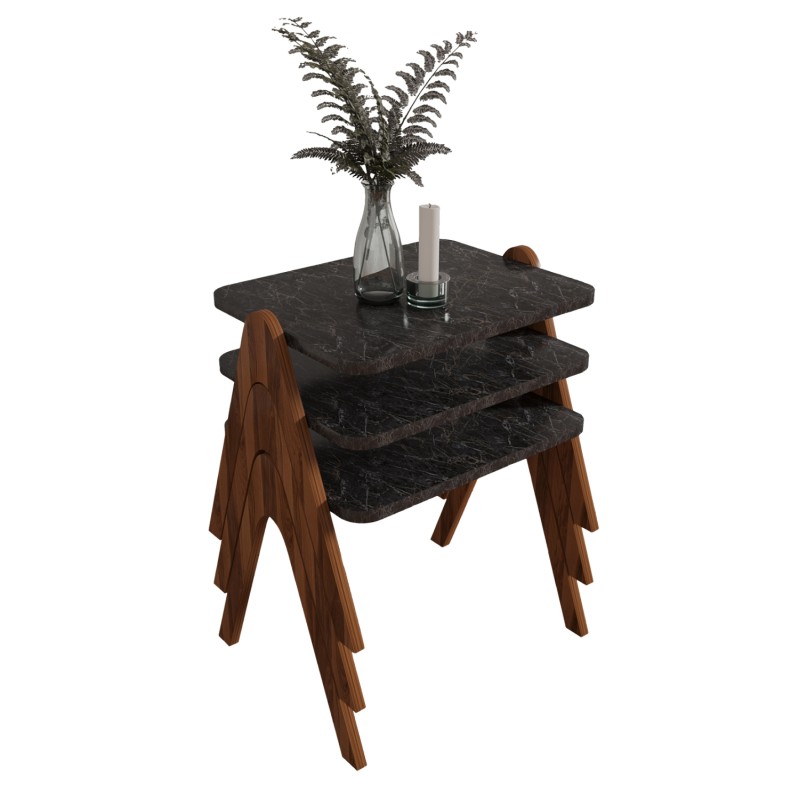 SIDE TABLES 3PCS SET REACHER FK18176.02 MELAMINE IN WALNUT-BLACK MARBLE TOP 40x30x40Hcm.