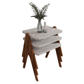 SIDE TABLES 3PCS SET REACHER FK18176.03 MELAMINE IN WALNUT-WHITE MARBLE TOP 40x30x40Hcm.
