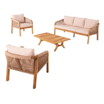 OUTDOOR LOUNGE SET 4PCS ROSSWELL FK6084.02 ACACIA WOOD-ROUND ROPE-BEIGE CUSHIONS