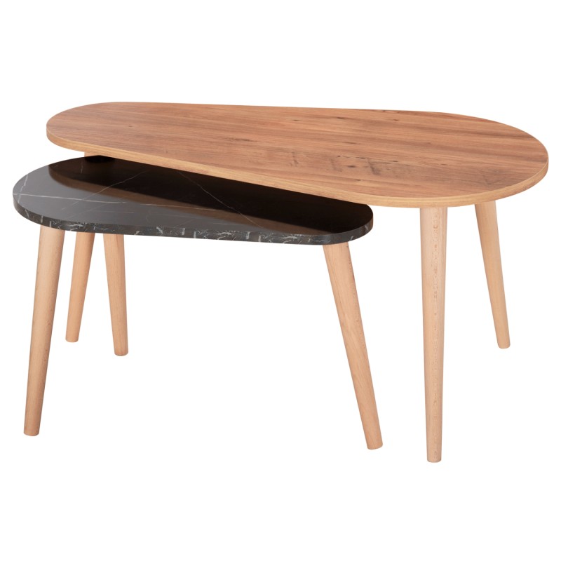 COFFEE TABLES 2PCS APRILIA FK18179.02 MELAMINE IN NATURAL & BLACK MARBLE-WOODEN LEGS IN NATURAL 95x47x47Hcm