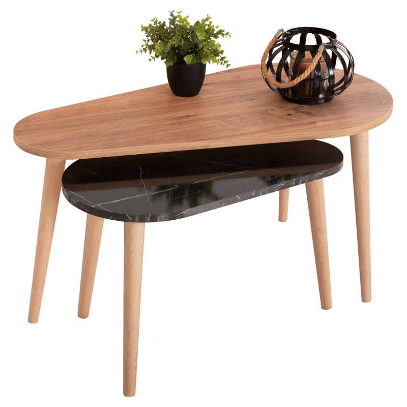 COFFEE TABLES 2PCS APRILIA FK18179.02 MELAMINE IN NATURAL & BLACK MARBLE-WOODEN LEGS IN NATURAL 95x47x47Hcm
