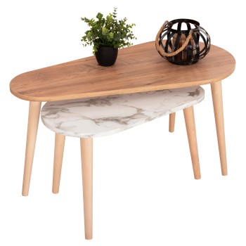 COFFEE TABLES 2PCS APRILIA FK18179.03 MELAMINE IN NATURAL & WHITE MARBLE-WOODEN LEGS IN NATURAL 94x47x47,5Hcm