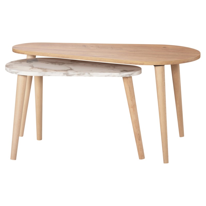 COFFEE TABLES 2PCS APRILIA FK18179.03 MELAMINE IN NATURAL & WHITE MARBLE-WOODEN LEGS IN NATURAL 94x47x47,5Hcm