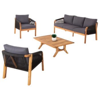 OUTDOOR LOUNGE SET 4PCS ROSSWELL FK6084.01 ACACIA WOOD-ROUND ROPE & CUSHIONS IN ANTHRACITE