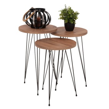 SET OF 3 ROUND SIDE TABLES NISSA FK18173.04 MELAMINE IN NATURAL WOOD COLOR-BLACK METAL LEGS