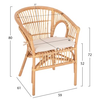 ARMCHAIR DAMPAR FK9929.04 RATTAN IN NATURAL-WHITE CUSHION 59x61x80Hcm. ARMCHAIR DAMPAR FK9929.04 RATTAN IN NATURAL-WHITE CUSHION 59x61x80Hcm.