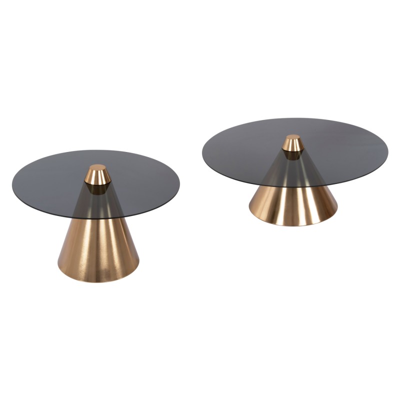 COFFEE TABLES 2PCS REBEN FK9919 METAL IN GOLD-BLACK GLASS TOP Φ80 & Φ60 cm. COFFEE TABLES 2PCS REBEN FK9919 METAL IN GOLD-BLACK GLASS TOP Φ80 & Φ60 cm.