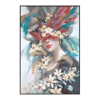 WALL PAINTING ONNANOKO FK4564 BLACK PS FRAME-PRINTED CANVAS WOMAN'S FACE WITH FEATHERS 82x4,5x122Hcm.
