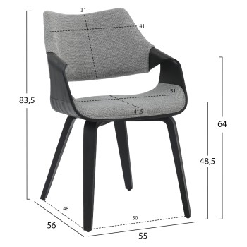 DINING CHAIR NETTO FK9976.02 PLYWOOD FRAME IN BRUSHED BLACK-GREY FABRIC 55x56x83,5Hcm.