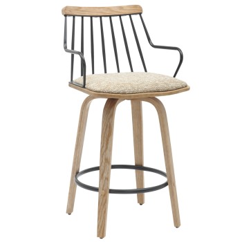 BAR STOOL JUDI FK9985.01 PLYWOOD IN WHITEWASH-BLACK METAL-BEIGE FABRIC 48x52x92Hcm.