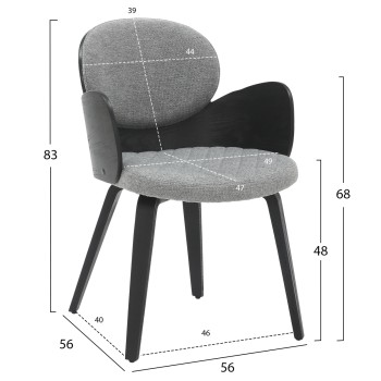 DINING ARMCHAIR DARNELL FK9974.02 PLYWOOD IN BLACK COLOR-GREY FABRIC 56x56x83Hcm. DINING ARMCHAIR DARNELL FK9974.02 PLYWOOD IN BLACK COLOR-GREY FABRIC 56x56x83Hcm.