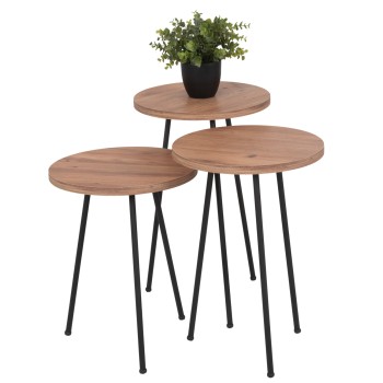 SET OF 3 ROUND SIDE TABLES KISSA FK18174.04 MELAMINE IN NATURAL WOOD COLOR-BLACK METAL LEGS