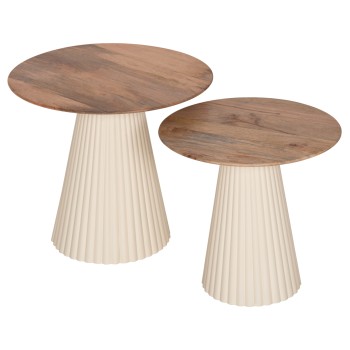 COFFEE TABLES 2PCS FOLDY FK9925 METAL BASE IN IVORY-ROUND TOP MANGO WOOD IN NATURAL Φ40 & Φ48
