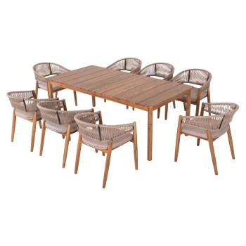 OUTDOOR DINING SET 9PCS NAVANT FK21066.02 TABLE WITH 8 DINING CHAIRS-ACACIA WOOD-ROPE IN BEIGE