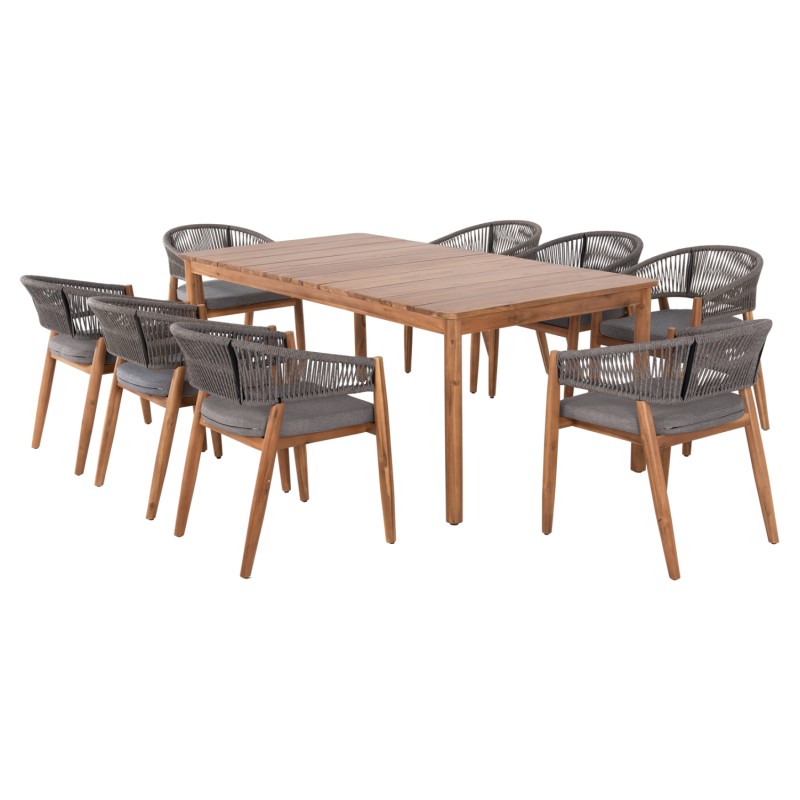 OUTDOOR DINING SET 9PCS NAVANT FK21066.01 TABLE WITH 8 DINING CHAIRS-ACACIA WOOD-ROPE IN GREY OUTDOOR DINING SET 9PCS NAVANT FK21066.01 TABLE WITH 8 DINING CHAIRS-ACACIA WOOD-ROPE IN GREY