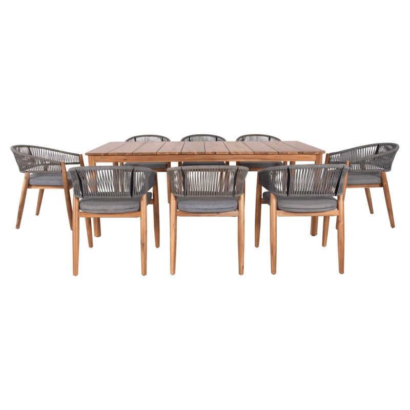 OUTDOOR DINING SET 9PCS NAVANT FK21066.01 TABLE WITH 8 DINING CHAIRS-ACACIA WOOD-ROPE IN GREY OUTDOOR DINING SET 9PCS NAVANT FK21066.01 TABLE WITH 8 DINING CHAIRS-ACACIA WOOD-ROPE IN GREY