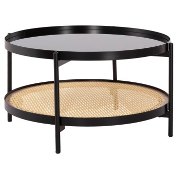 COFFEE TABLE SEITZ FK18030 GLASS TOP-METAL-RATTAN IN NATURAL Φ80x45Hcm.