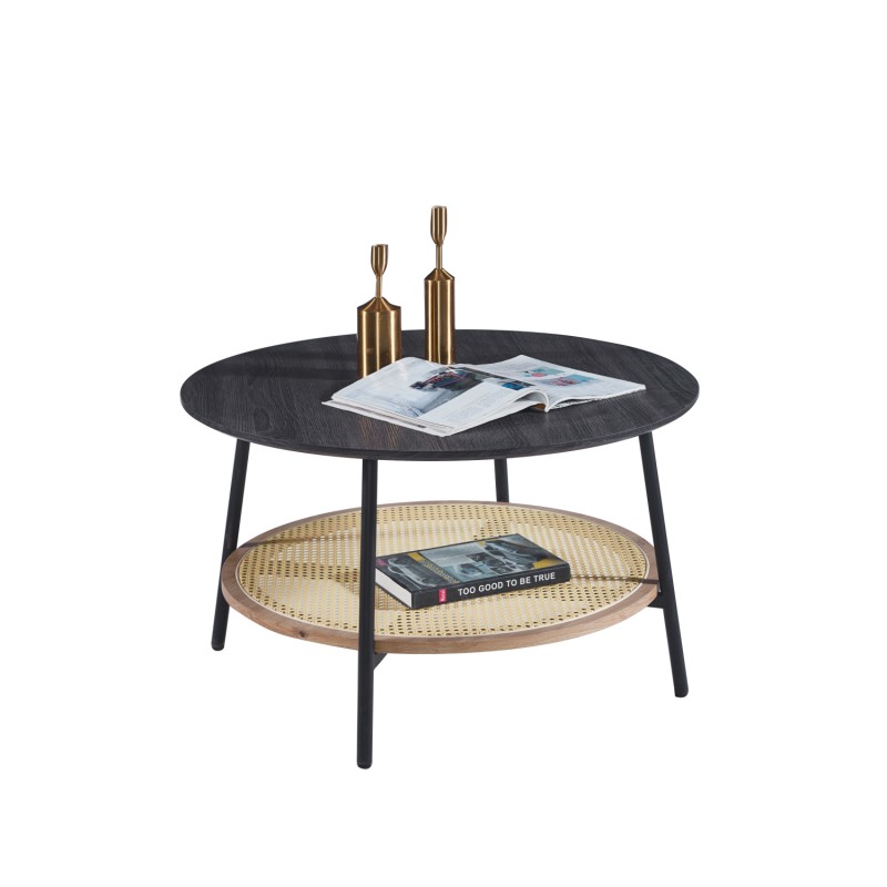 COFFEE TABLE SEWELL FK18033 MDF IN ZEBRANO-METAL LEGS-RATTAN IN NATURAL Φ80x46Hcm. COFFEE TABLE SEWELL FK18033 MDF IN ZEBRANO-METAL LEGS-RATTAN IN NATURAL Φ80x46Hcm.