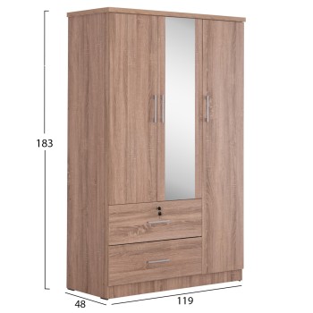 WARDROBE WITH MIRROR & SHELVES JARRY FK2485.11 MELAMINE IN SONAMA OAK 119x48x183Hcm.
