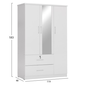 WARDROBE WITH MIRROR & SHELVES JARRY FK2485.01 MELAMINE IN WHITE 119x48x183Hcm.