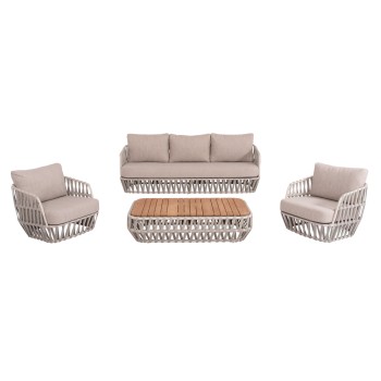 OUTDOOR LOUNGE SET 4PCS SABO FK6208.02 CREAM WHITE ALUMINUM-BEIGE P.E.ROPE & OLEFIN FABRIC-TEAK WOOD IN NATURAL