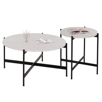 COFFEE TABLES 2PCS SET RONDA FK21089.04 MDF IN WHITE MARBLE COLOR Φ80cm & Φ50cm
