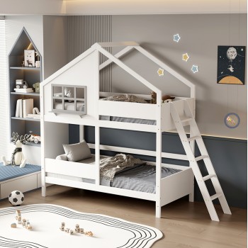 CHILDREN'S BUNKBED t.MONTESSORI COMBO FK707.03 SOLID PINE WOOD IN WHITE- 190x90cm.