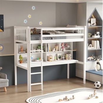 CHILDREN'S BUNKBED t.MONTESSORI WITH DESK & BOOKCASE LIBRO FK708.03 PINE WOOD IN WHITE- 90x190cm.