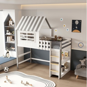 KID'S BED t.MONTESSORI WITH SHELVES HOMI FK712 PINE WOOD IN WHITE-GREY FOR MATTRERSS 90x190cm.