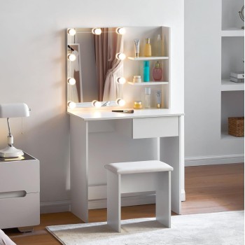DRESSING TABLE WITH LED LIGHTS & SHELVES LAURYN FK2501.03 MELAMINE IN WHITE 75x40x134.5Hcm. DRESSING TABLE WITH LED LIGHTS & SHELVES LAURYN FK2501.03 MELAMINE IN WHITE 75x40x134.5Hcm.
