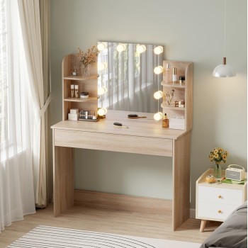 DRESSING TABLE WITH LED LIGHTS-SHELVES-DRAWERS LAURYN FK2502.01 SONAMA COLOR 108x40x140Hcm. DRESSING TABLE WITH LED LIGHTS-SHELVES-DRAWERS LAURYN FK2502.01 SONAMA COLOR 108x40x140Hcm.