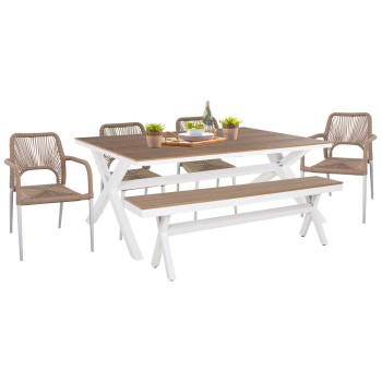 OUTDOOR DINING SET 6PCS TAWNEE FK21108 WITH TABLE-BENCH-ARMCHAIRS & CHAIRS