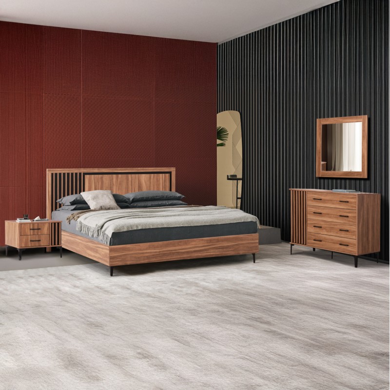 BEDROOM FURNITURE SET 4PCS HARRY FK21115 MELAMINE IN NATURAL WOOD & BLACK BEDROOM FURNITURE SET 4PCS HARRY FK21115 MELAMINE IN NATURAL WOOD & BLACK