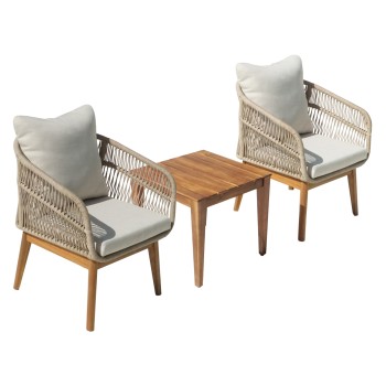 OUTDOOR LOUNGE SET 3PCS RUTH FK6229 ACACIA WOOD--ROPE-METAL FRAME-CUSHIONS IN BEIGE