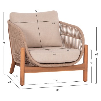 OUTDOOR LOUNGE ARMCHAIR SANJI FK6221 ACACIA WOOD-ALUMINUM-ROPE 88x78x68-75Hcm. OUTDOOR LOUNGE ARMCHAIR SANJI FK6221 ACACIA WOOD-ALUMINUM-ROPE 88x78x68-75Hcm.
