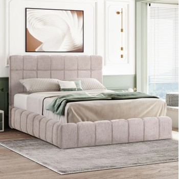 BED WITH STORAGE SPACE RAMON FK720.10 TEDDY FABRIC IN BEIGE-FOR MATTRESS 160x200cm. BED WITH STORAGE SPACE RAMON FK720.10 TEDDY FABRIC IN BEIGE-FOR MATTRESS 160x200cm.