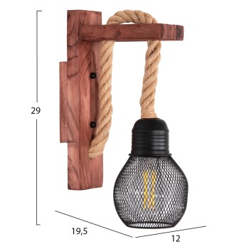 WALL SCONCE BARN2 FK4480 WOODEN BASE-HEMP ROPE-METAL 12x19.5x29Hcm.