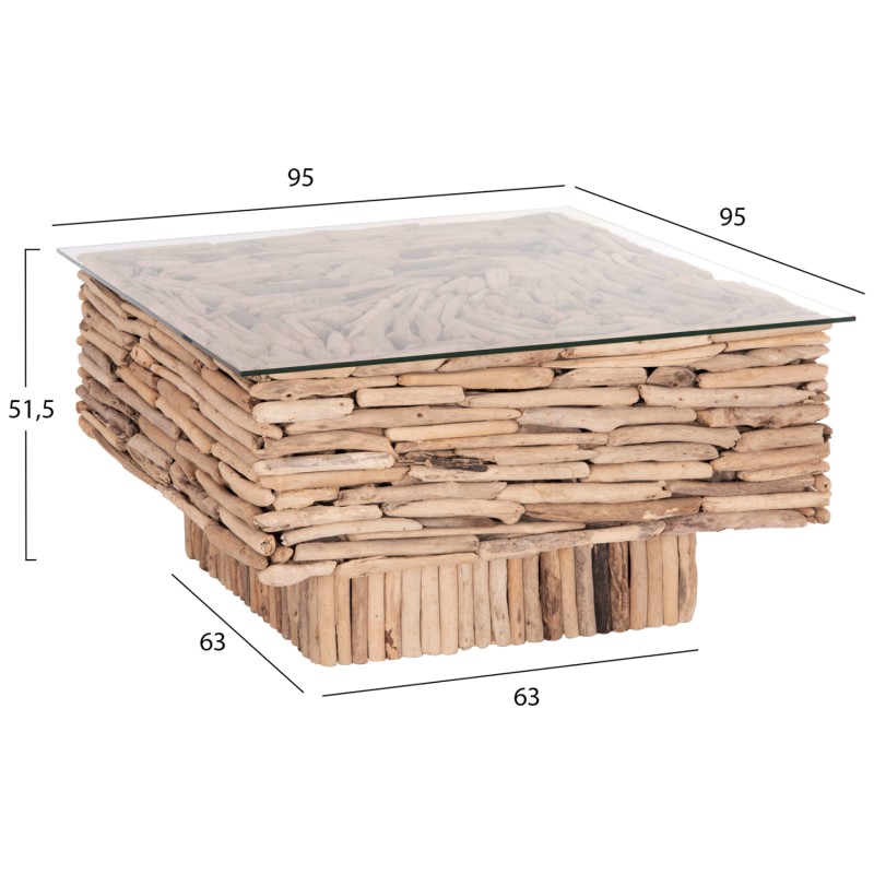 COFFEE TABLE SQUARE SPARROW FK9960 DRIFTWOOD--GLASS 95x95x51,5Hcm.