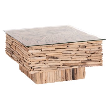 COFFEE TABLE SQUARE SPARROW FK9960 DRIFTWOOD--GLASS 95x95x51,5Hcm.