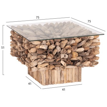 COFFEE TABLE SQUARE SPARROW FK9961 DRIFTWOOD--GLASS 75x75x51Hcm. COFFEE TABLE SQUARE SPARROW FK9961 DRIFTWOOD--GLASS 75x75x51Hcm.
