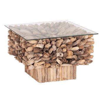 COFFEE TABLE SQUARE SPARROW FK9961 DRIFTWOOD--GLASS 75x75x51Hcm.