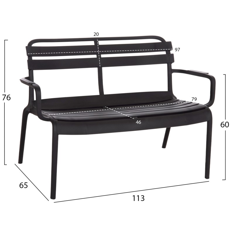 POLYPROPYLENE 2-SEATER BENCH KORVER FK6332.02 BLACK 113x65x76Hcm. POLYPROPYLENE 2-SEATER BENCH KORVER FK6332.02 BLACK 113x65x76Hcm.