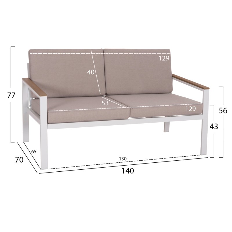 OUTDOOR 2-SEATER SOFA SAFIN FK6279.01 ALUMINUM IN WHITE-BEIGE CUSHIONS 140x70x77Hcm. OUTDOOR 2-SEATER SOFA SAFIN FK6279.01 ALUMINUM IN WHITE-BEIGE CUSHIONS 140x70x77Hcm.