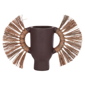 DECORATIVE TABLE VASE ALICA FK4668.07S TERRACOTA IN CHOCOLATE COLOR & GRASS--55x19x34Hcm.