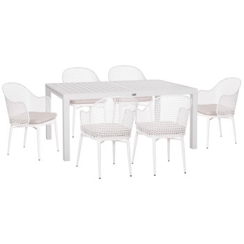 OUTDOOR DINING SET KRUM FK21147 DINING TABLE WITH 6 ARMCHAIRS--WHITE ALUMINUM