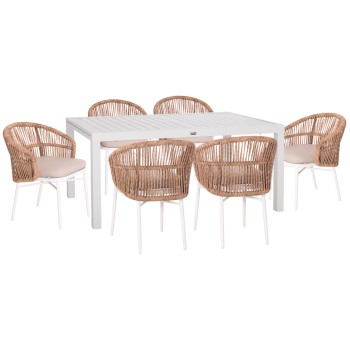 OUTDOOR DINING SET 7PCS KRUM FK21148 WHITE ALUMINUM-P.E.RATTAN