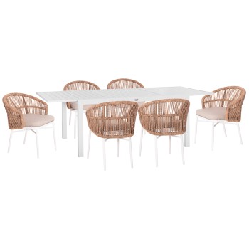 OUTDOOR DINING SET 7PCS KRUM FK21148 WHITE ALUMINUM-P.E.RATTAN
