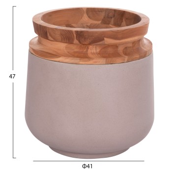 DECORATIVE FLOOR VASE LINTER FK4662.05L FIBER CEMENT IN MATTE GREY--TEAK WOOD Φ41x47Hcm.