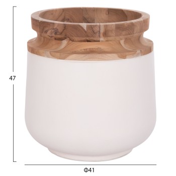 DECORATIVE FLOOR VASE LINTER FK4662.02L FIBER CEMENT IN WHITE--TEAK WOOD Φ41x47Hcm.